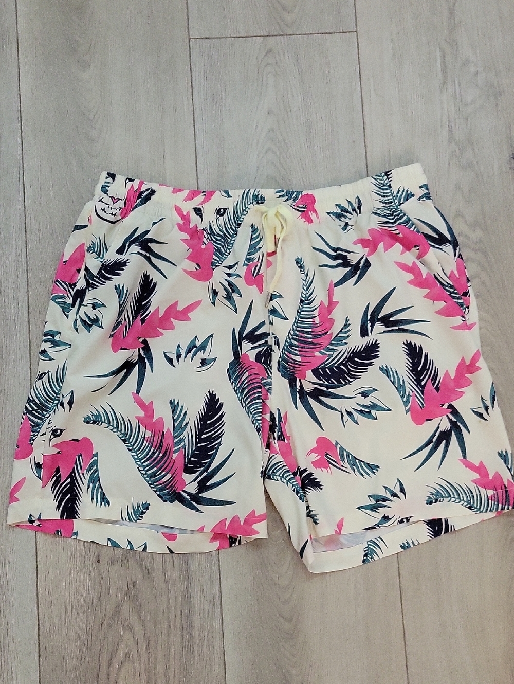 Men's Athletic Drawstring Shorts in Cream with Pink & Blue Leaf Print